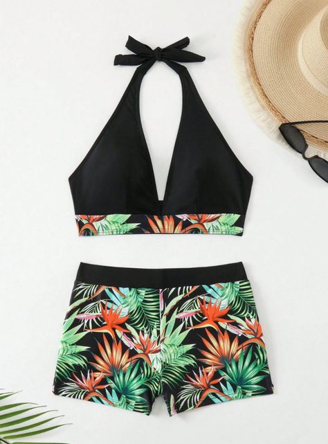 Conjunto De Bikini Traje De Baño Mujer Tropical Negro Europeo-3