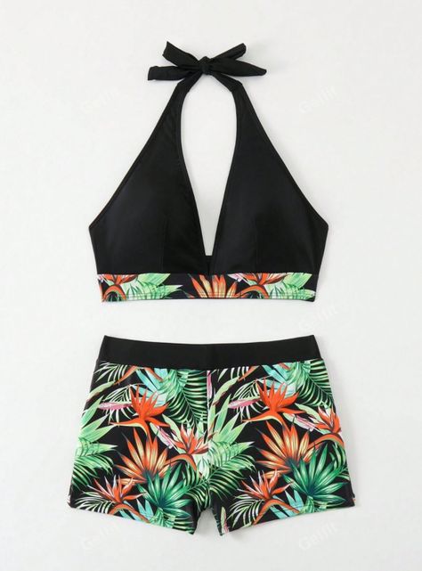 Conjunto De Bikini Traje De Baño Mujer Tropical Negro Europeo-4