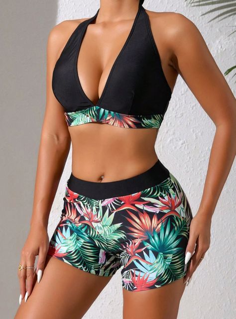 Conjunto De Bikini Traje De Baño Mujer Tropical Negro Europeo-6