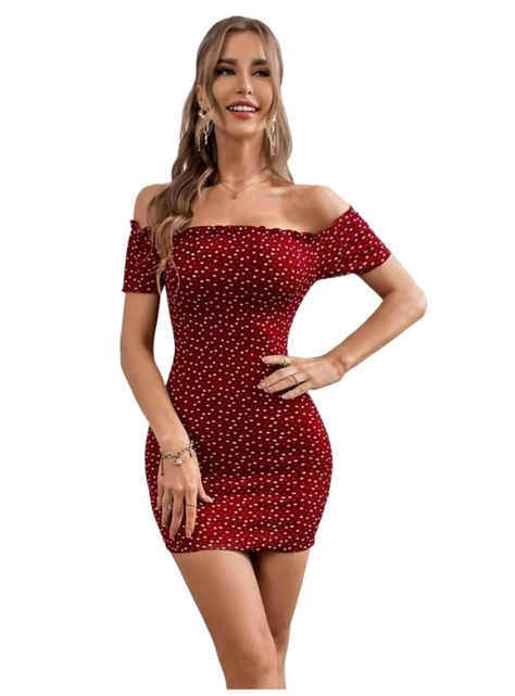 Vestido Burdeo De Estampado Corazones Ajustado Hombros Descubiertos-0