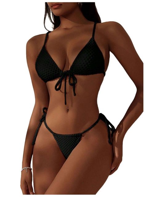 Conjunto De Bikini Sexy Negro Unicolor Puntos-0