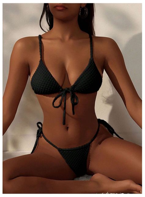 Conjunto De Bikini Sexy Negro Unicolor Puntos-2