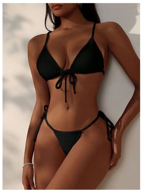 Conjunto De Bikini Sexy Negro Unicolor Puntos-4