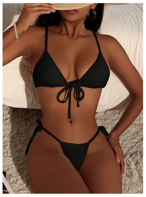 Conjunto De Bikini Sexy Negro Unicolor Puntos-5