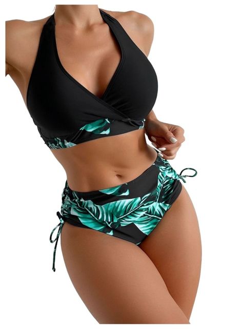 Conjunto De bikini Negro Tropical Ajustable Elasticado-0