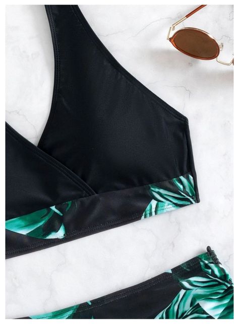 Conjunto De bikini Negro Tropical Ajustable Elasticado-1