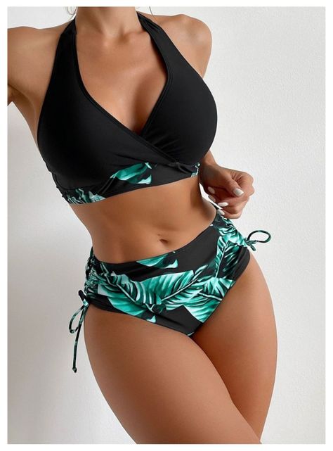 Conjunto De bikini Negro Tropical Ajustable Elasticado-2