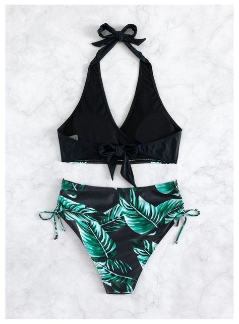 Conjunto De bikini Negro Tropical Ajustable Elasticado-3