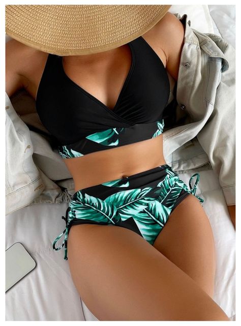 Conjunto De bikini Negro Tropical Ajustable Elasticado-4