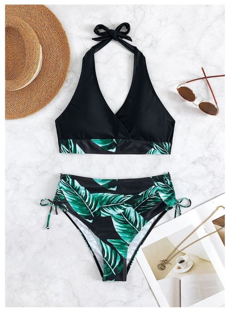 Conjunto De bikini Negro Tropical Ajustable Elasticado-6