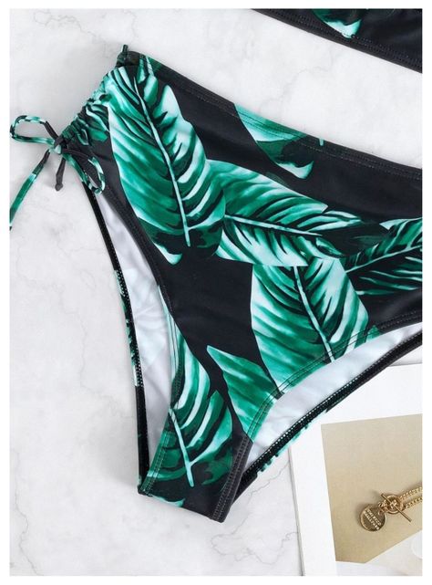 Conjunto De bikini Negro Tropical Ajustable Elasticado-7