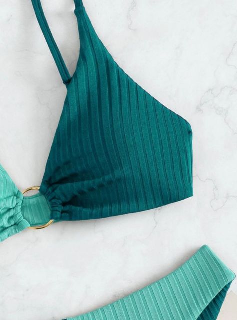 Conjunto De Bikini Texturizado Con Anillo Bicolor Combinado-2