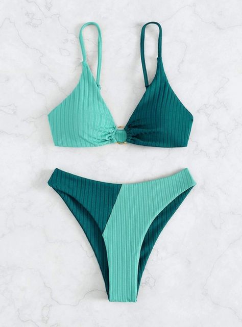 Conjunto De Bikini Texturizado Con Anillo Bicolor Combinado-3