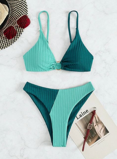 Conjunto De Bikini Texturizado Con Anillo Bicolor Combinado-5