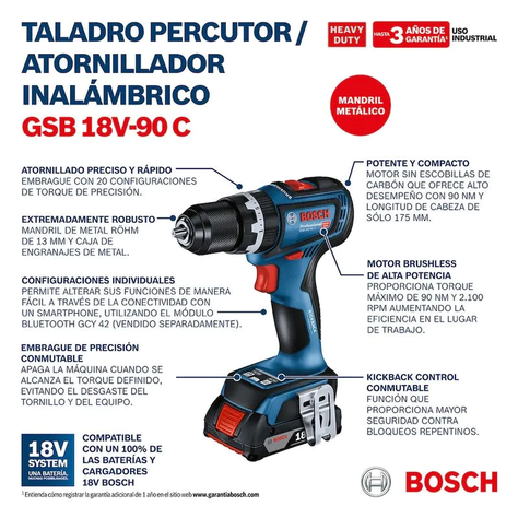 Taladro Percutor/Atornillador inalámbrico GSB 18V-90C Bosch-2