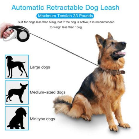Correa Mascota Retractil Automatica 5 mts. Perro Gato Negro-3