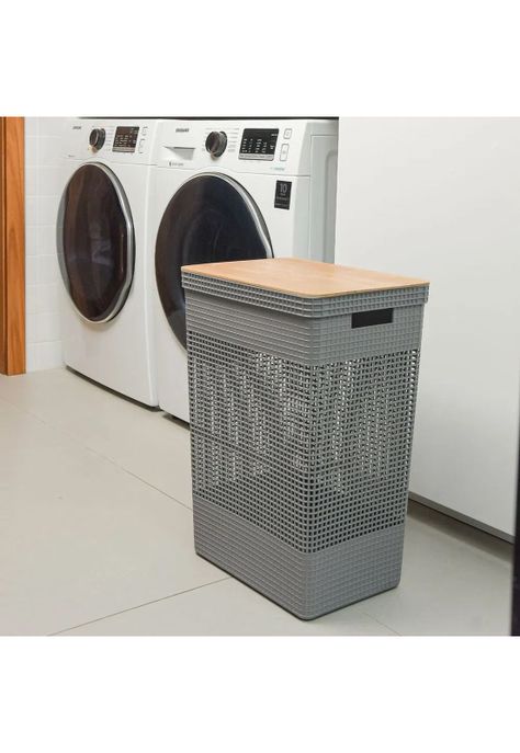 Cesta de Ropa Grid Con Tapa De Bambú 49 L Negro-1