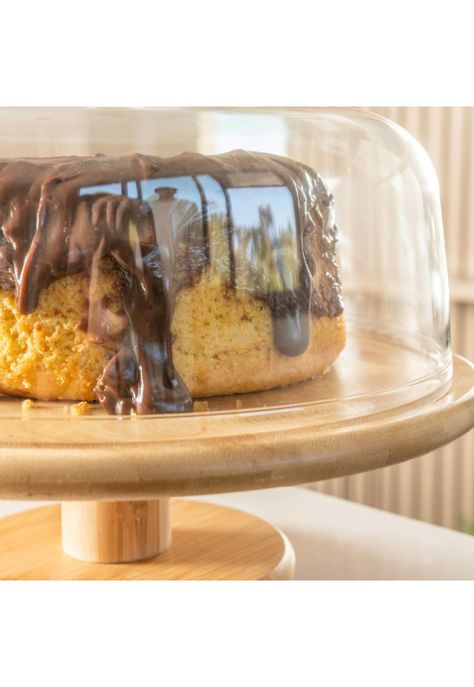 Porta Torta 27,5 cm Con Tapa y Pedestal Bambú Ou-1