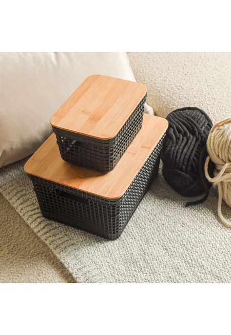 Cesta Organizadora Grid Con Tapa De Bambú 2.5 L Negro-1