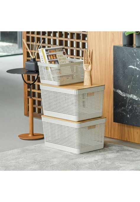 Cesta Organizadora Grid Con Tapa De Bambú 20 L Blanco Océano-1
