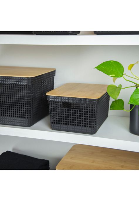 Cesta Organizadora Grid Con Tapa De Bambú 8 L Negro-2