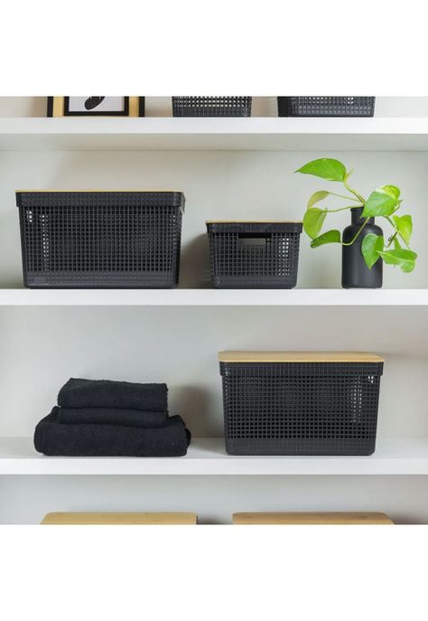 Cesta Organizadora Grid Con Tapa De Bambú 20 L Negro-1