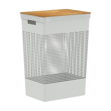 Cesta de Ropa Grid Con Tapa De Bambú 49 L Blanco Océano-0