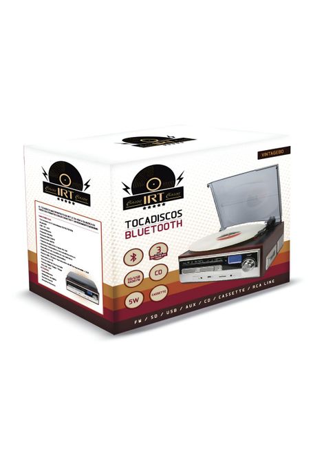 Toca Disco Tornamesa IRT Bluetooth/Aux/Cassette/USB/CD/SD/FM-7