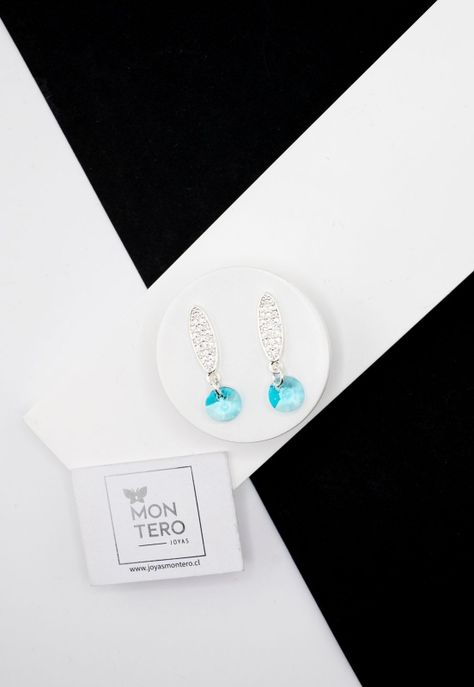 Aros Punto De Luz Baño de Oro Blanco Cristal Genuino Turequesa-1