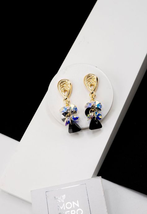 Aros Magnolia Baño de Oro 24k y Cristales Silver Night-1