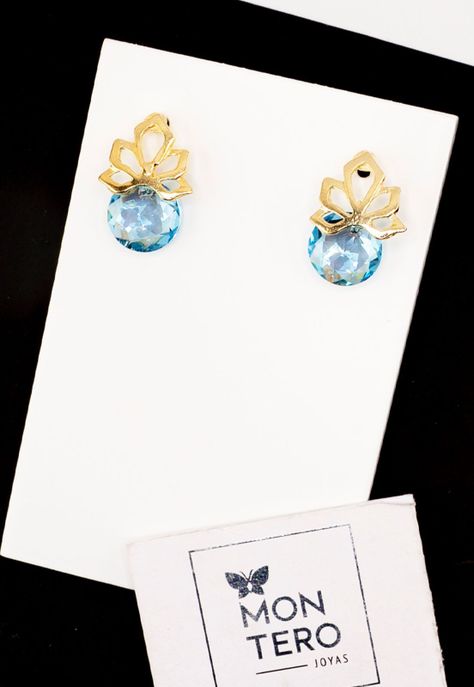 Aros Bali Gold Cristales Genuinos Aquamarine-3