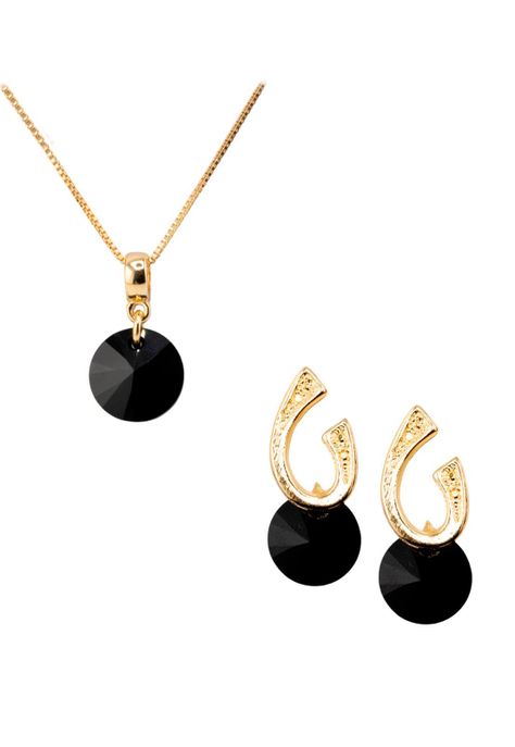 Conjunto Fernanda Baño de Oro 24k y Cristales Genuinos Jet-0
