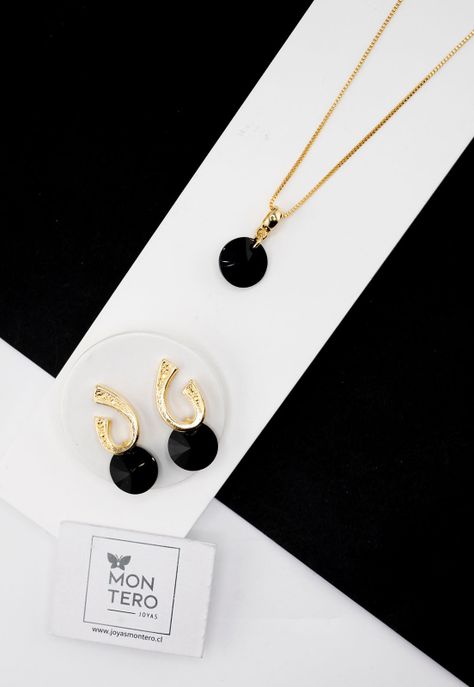 Conjunto Fernanda Baño de Oro 24k y Cristales Genuinos Jet-1