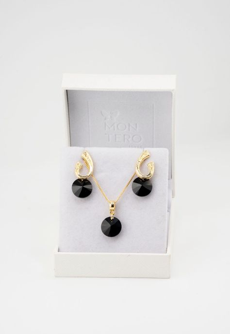 Conjunto Fernanda Baño de Oro 24k y Cristales Genuinos Jet-3