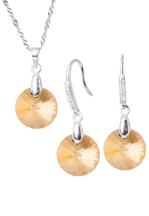 Conjunto Madrid Plata Italiana 925  Cristal Genuino Golden -0
