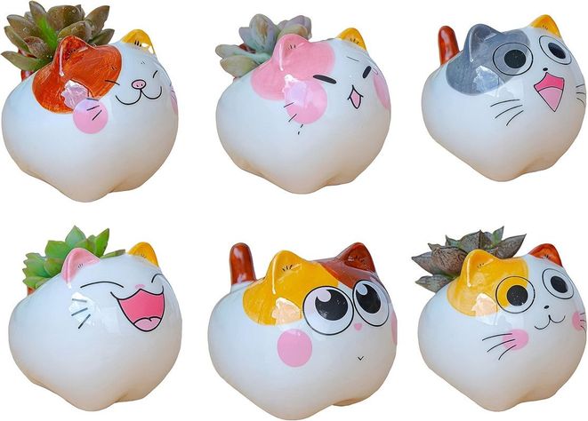 Set 2 Macetas Gatito Dibujo Animado Decoracion Hogar Lau-0