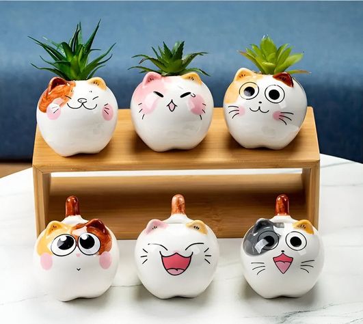 Set 2 Macetas Gatito Dibujo Animado Decoracion Hogar Lau-1