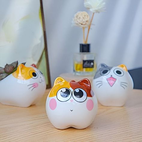 Set 2 Macetas Gatito Dibujo Animado Decoracion Hogar Lau-2