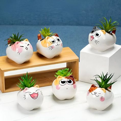 Set 2 Macetas Gatito Dibujo Animado Decoracion Hogar Lau-5