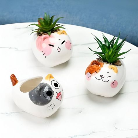 Set 2 Macetas Gatito Dibujo Animado Decoracion Hogar Lau-6