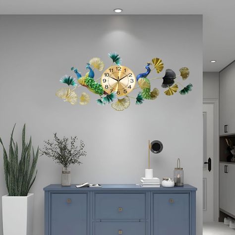 Reloj Pared Pavo Real Elegante Decorativo Metal Jhn-7