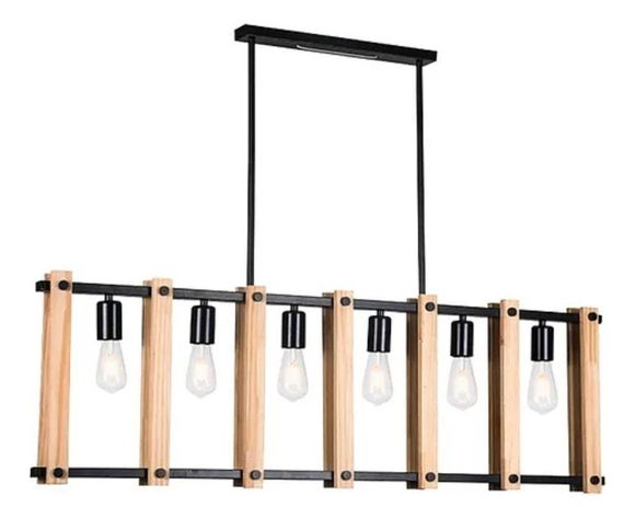 Lámpara Colgante Techo Industrial Metal Madera 5 Luces Jhn-0