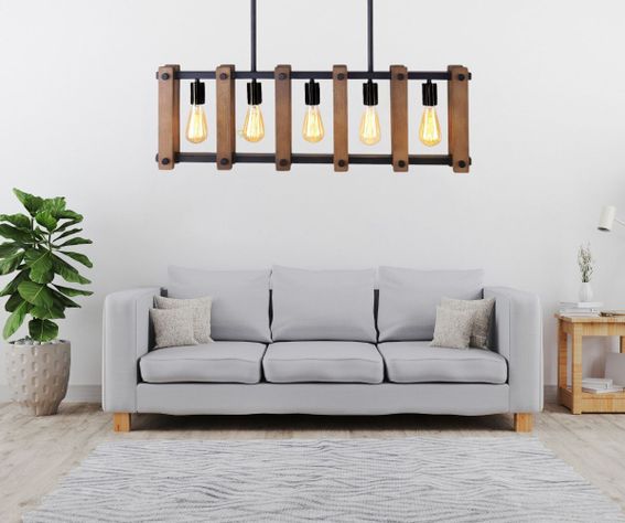 Lámpara Colgante Techo Industrial Metal Madera 5 Luces Jhn-1