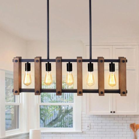 Lámpara Colgante Techo Industrial Metal Madera 5 Luces Jhn-2