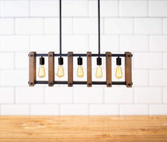 Lámpara Colgante Techo Industrial Metal Madera 5 Luces Jhn-3