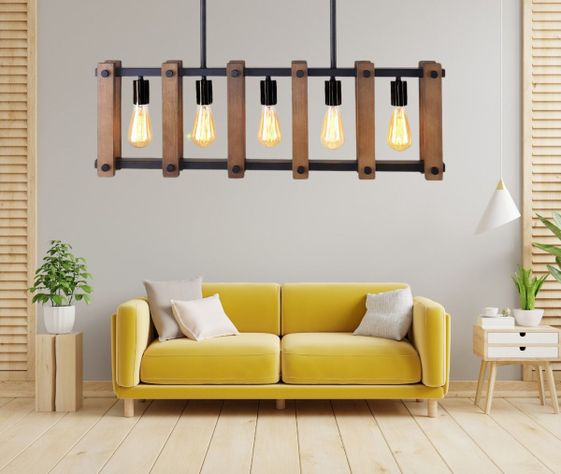 Lámpara Colgante Techo Industrial Metal Madera 5 Luces Jhn-4