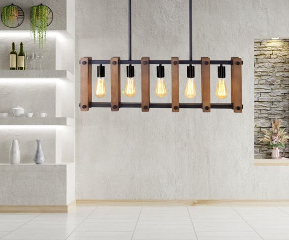Lámpara Colgante Techo Industrial Metal Madera 5 Luces Jhn-5
