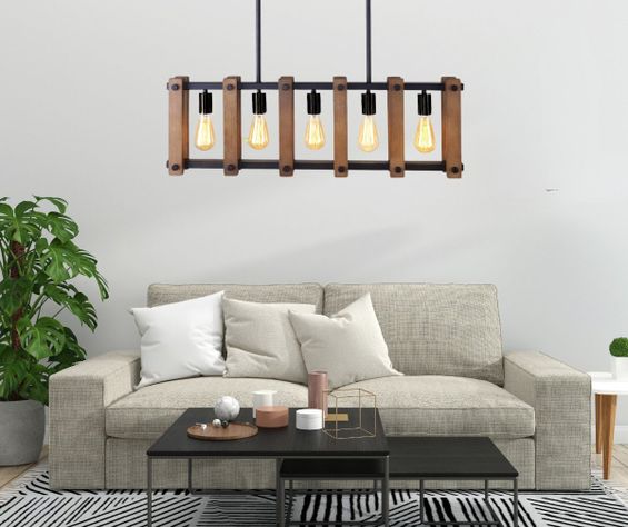 Lámpara Colgante Techo Industrial Metal Madera 5 Luces Jhn-6