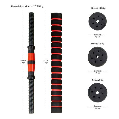 Set Mancuernas Barra Ajustables 20 Kg 3 En 1 rojo -4