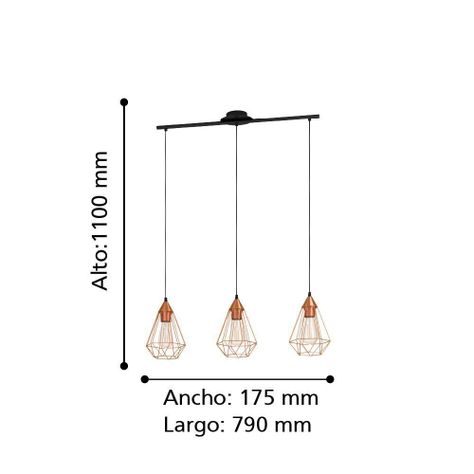 Lámpara Colgante Tarbes Acero Cobre E27 3X60W cod.94195-2